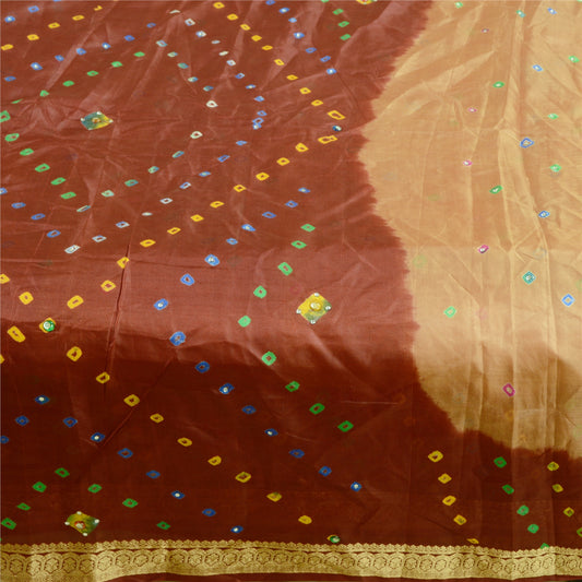 Sanskriti Vintage Brown Sarees Pure Silk Bandhani Printed Rhinestone Sari Sustainable Fabric